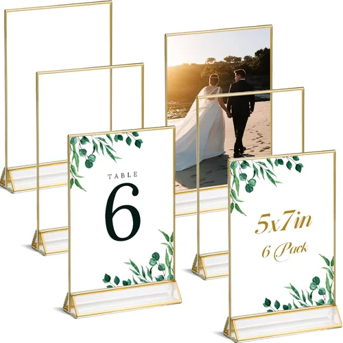 Miniatura 9 de UNIQOOO Soportes acrílicos para letreros con borde dorado, vista de retrato, paquete de 12 unidades, marco transparente de doble cara de 5 x 7