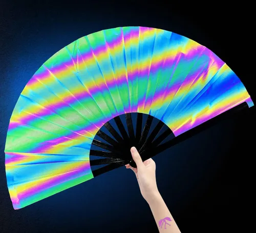 Miniatura 7 de Ventilador de mano plegable grande para rave, ventilador de palmada de baile de línea para baile, fiesta, decoración, festival (seta)