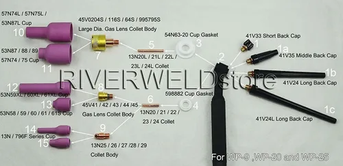 Miniatura 7 de RIVERWELD TIG Tapas traseras largas medianas cortas 41V24 41V35 41V33 41V24L Fit SR PDA DB WP 9 20 25 TIG soldadura antorcha 10 piezas