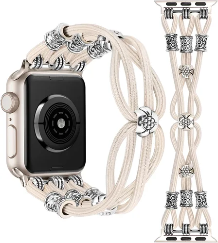 Miniatura 25 de TOYOUTHS Correa bohemia compatible con Apple Watch Band de 1.65, 1.57, 1.57 y 1.49 pulgadas, con cuentas, trenzada, elástica, occidental, elegante