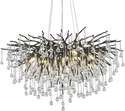 Candelabro de cristal negro de 23.6 pulgadas, moderno colgante de techo de flores, iluminación colgante de rama de árbol, gota de lluvia, lámpara de