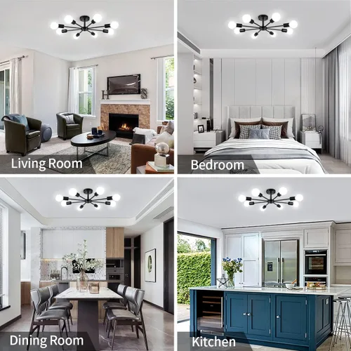 Miniatura 2 de Lámpara de Techo Semiempotrada de 23.62'', Candelabro Moderno de 8 Luces Negro para Sala de Estar, Candelabro de Luces Sputnik para Dormitorio