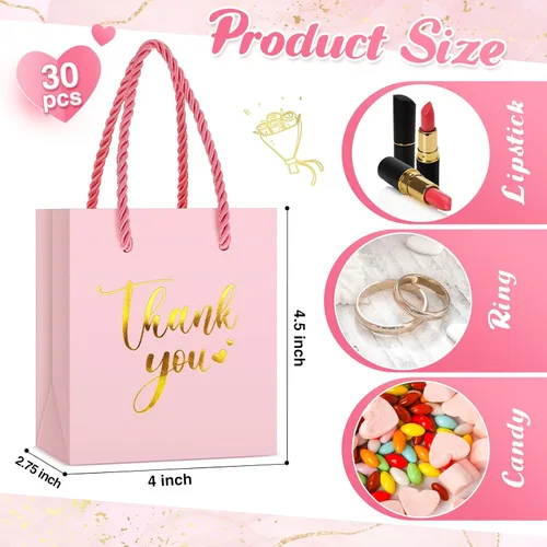 Miniatura 3 de Honoson 30 mini bolsas de regalo con asa de 4 x 2.75 x 4.5 pulgadas, pequeña bolsa de agradecimiento para boda, baby shower, cumpleaños, graduación