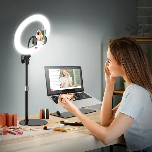 Anillo de luz de escritorio de 10 pulgadas con soporte, iluminación de zoom con soporte para teléfono para computadora, videollamadas, conferencias,