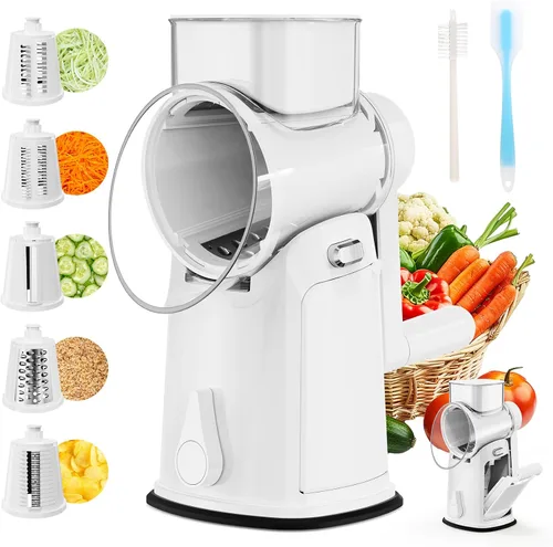 Miniatura 8 de Rallador de queso giratorio 7 en 1 mejorado con asa, triturador de verduras con ranura de almacenamiento incorporada, 5 cuchillas versátiles, base