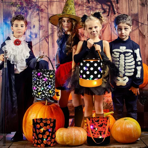 Miniatura 5 de Teling 6 bolsas de dulces de calabaza iluminadas para Halloween, cestas de regalo reutilizables para fiestas de cumpleaños