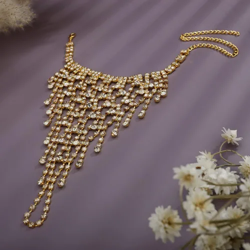 Miniatura 4 de YERTTER Pulsera dorada con diamantes de imitación para boda, cadena de dedo de cristal brillante con anillo de arnés, cadena de mano, eslabones