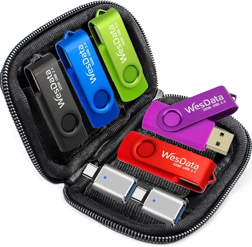 Paquete de 5 unidades flash USB de 64 GB y 2 adaptadores USB C en una funda, unidades de memoria USB, almacenamiento y respaldo para teléfonos