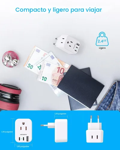 Miniatura 4 de Adaptador de enchufe de viaje europeo USB C, adaptador de enchufe internacional HANYCONY de EE. UU. a Europa, enchufe de 2 tomas, 3 puertos USB