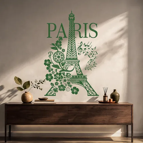 Vinilo París Torre Eiffel Romántico Notas Musicales Flores Pegatinas Mural Decoración Grande (g4977) Negro