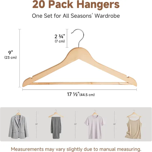Miniatura 4 de StorageWorks Paquete de 20 perchas de madera para armario, perchas de ropa resistentes para trajes, camisas, pantalones, chaquetas, color madera