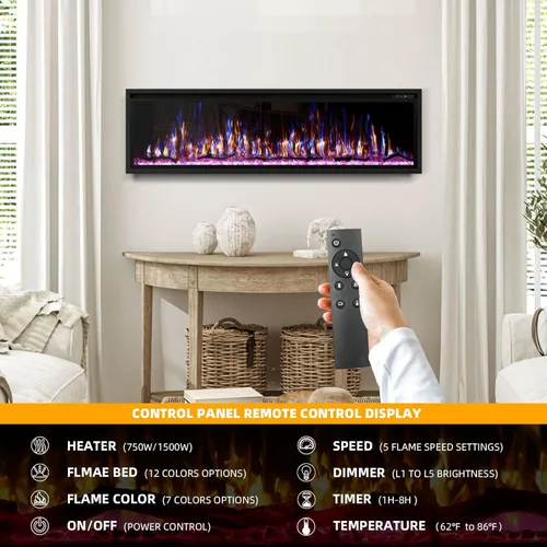 Miniatura 4 de BREEZEHEAT - Chimenea eléctrica de 183 cm para empotrar y colocar en la pared, chimenea lineal, calentador de 750/1500 W con control de temperatura