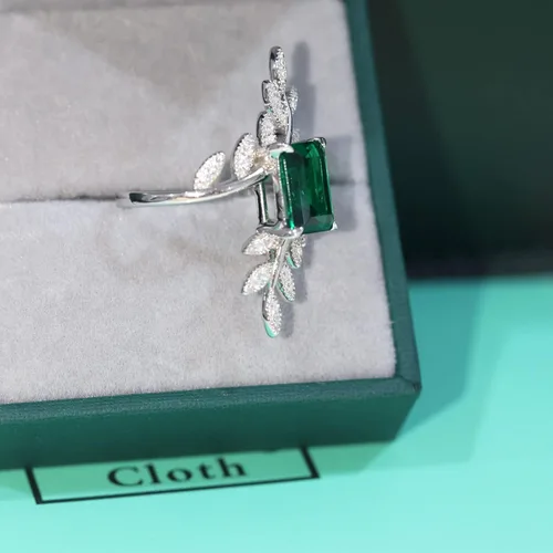 Miniatura 3 de MayaRuth Anillo cruzado único de plata de ley 925 con piedras preciosas de esmeralda creadas y simuladas, hoja de plumas de cóctel, vintage, largo