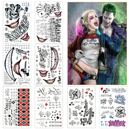 18 hojas de tatuajes de Joker HQ para mujeres y hombres, escuadrón suicida de Halloween, tatuajes temporales falsos realistas para adultos, 18 hojas