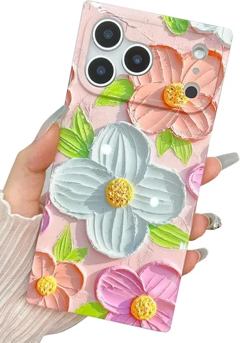 Miniatura 12 de Funda compatible con iPhone 14 Pro con borde rectangular, bonita funda protectora de lujo con pintura al óleo y flores para mujeres y niñas, funda