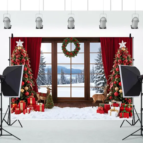 Miniatura 3 de Telón de fondo de ventana de Navidad de 5 x 3 pies para sesión de fotos, bosque de nieve de invierno, escenario para fotografía, árbol de Navidad