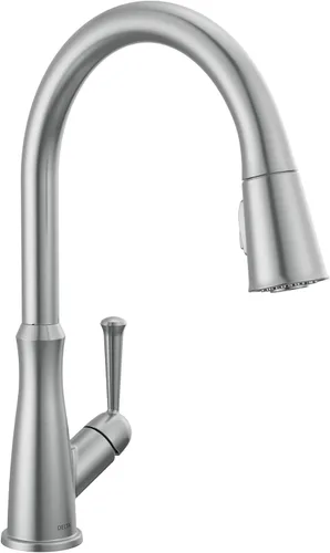 Grifo de cocina Delta Westville de níquel cepillado con rociador desplegable, grifo de fregadero de cocina contemporáneo de un solo orificio, mango