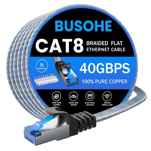 BUSOHE Cable Ethernet Cat 8 de 50 pies, cable para conexión de red LAN, 26AWG de nailon trenzado de alta velocidad, cable plano aislado de 40 Gbps