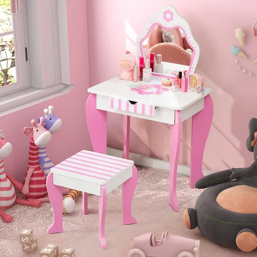Miniatura 8 de Costzon Juego de tocador para niños con espejo, mesa de maquillaje y vestidor de princesa de madera 2 en 1 con parte superior desmontable, tocador