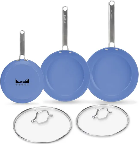 MsMk - Juego de 5 sartenes antiadherentes de cerámica, sartenes de 8, 10, 12 pulgadas, sartenes de 10 y 12 pulgadas con tapas de vidrio templado,