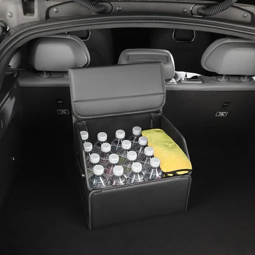 Miniatura 9 de Organizador de maletero, organizadores y almacenamiento de automóviles, caja de almacenamiento de cuero negro con tapa, tablero de fibra, plegable