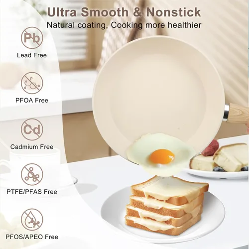 Miniatura 4 de FAB&DELUXE Juego de 11 piezas de utensilios de cocina antiadherentes, ollas y sartenes antiadherentes de aluminio con tapas y asas de madera, Caqui