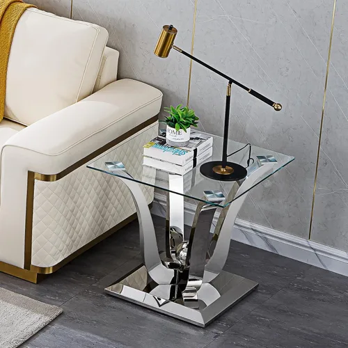 Miniatura 80 de Mesa de centro de cristal de lujo, mesa de centro de sofá de 47 pulgadas con marco de acero inoxidable dorado y parte superior de vidrio negro, mesa