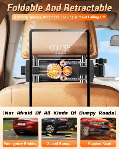 Miniatura 9 de Soporte para tablet con brazo de extensión para reposacabezas de automóvil, soporte ajustable para iPad para asiento trasero de automóvil, orientado