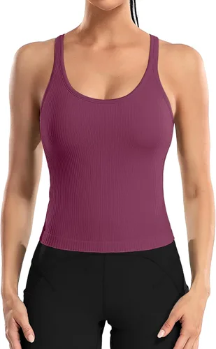 Miniatura 108 de ATTRACO Camiseta corta acanalada de entrenamiento para mujer con brasier integrado para yoga, espalda cruzada, ajuste ajustado