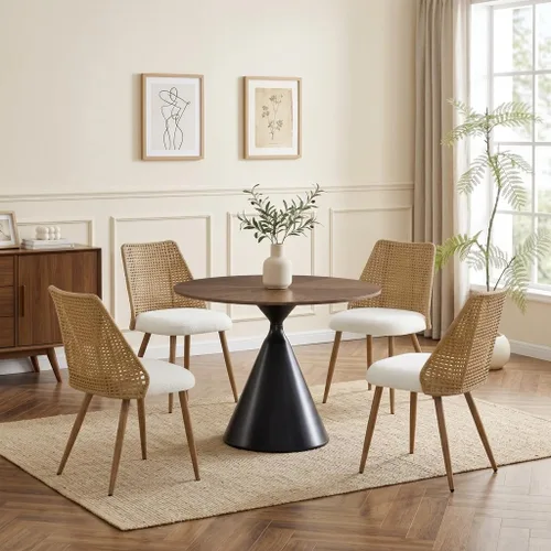 Juego de 4 sillas de comedor de ratán, sillas modernas tapizadas de bouclé para cocina con respaldo de caña de PE y patas de metal para
