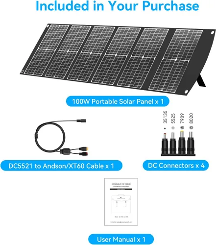 Miniatura 8 de Panel solar portátil de 100 W, extremadamente ligero, compacto y plegable con USB QC3.0, Tipo-C PD3.0, Anderson y XT60 DC 20 V para estación