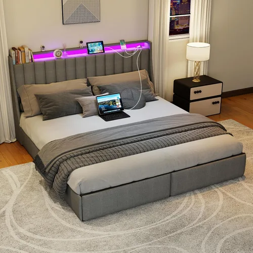 Miniatura 8 de SADENICEL Base de cama de tamaño completo con cabecera de almacenamiento y 4 cajones, plataforma de base de cama de metal completo con luz LED