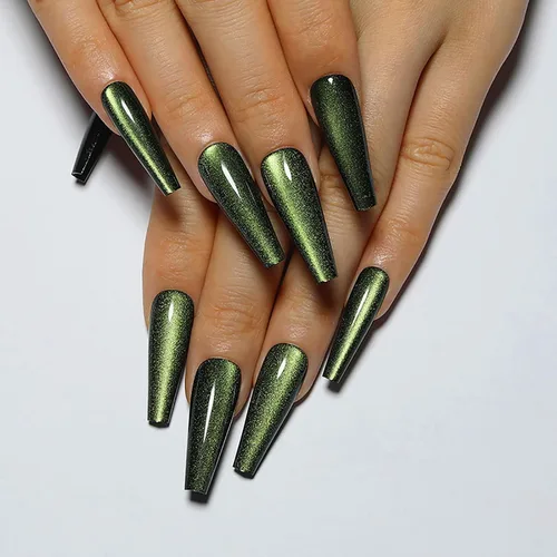 Miniatura 11 de Uñas postizas a presión largas, con brillo azul y diseño, acabado acrílico brillante, de cobertura completa, uñas postizas reutilizables para l002