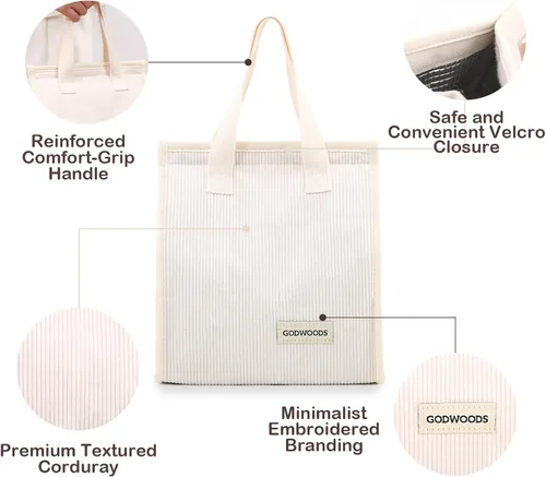 Miniatura 6 de TELLUMO Bolsa de almuerzo de corduroy para mujeres y hombres, linda bolsa de almuerzo con aislamiento y gran capacidad (7.5L), bolsa de almuerzo