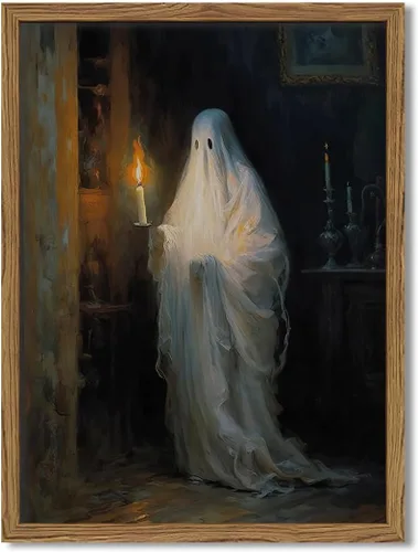 Lienzo enmarcado vintage de fantasmas de Halloween, fantasmas espeluznantes sosteniendo velas, decoración de pared, pinturas de academia oscura