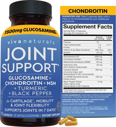 Viva Naturals Suplemento de apoyo articular de glucosamina condroitina MSM, 90 cápsulas - con cúrcuma, pimienta negra, boswellia y ácido hialurónico
