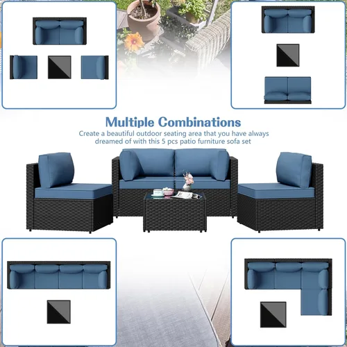 Miniatura 2 de Shintenchi - Juego de 5 piezas de sofá seccional para patio al aire libre, juegos de muebles de mimbre PE, juegos de conversación para patio