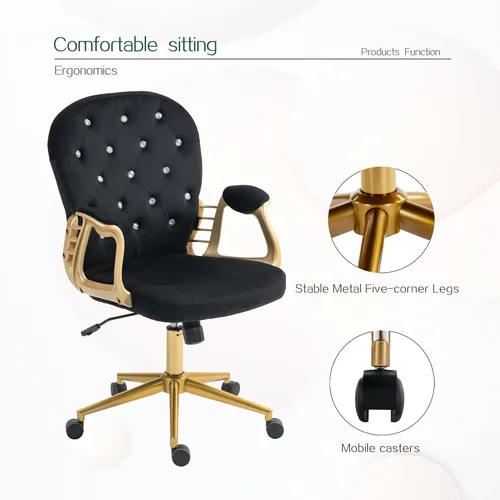 Miniatura 7 de Silla de escritorio de terciopelo para oficina en casa cómoda con base dorada, cómodas sillas giratorias de maquillaje para tocador con respaldo