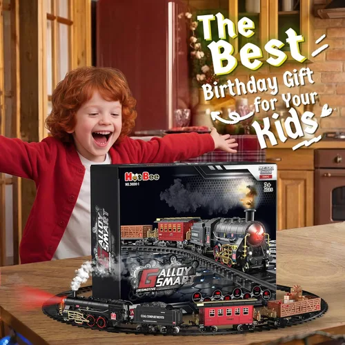 Miniatura 6 de Set de trenes Hot Bee - Juguetes de trenes de aleación para niños con vagón brillante y silencioso, tren de juguete con humo, luces y sonido, tren