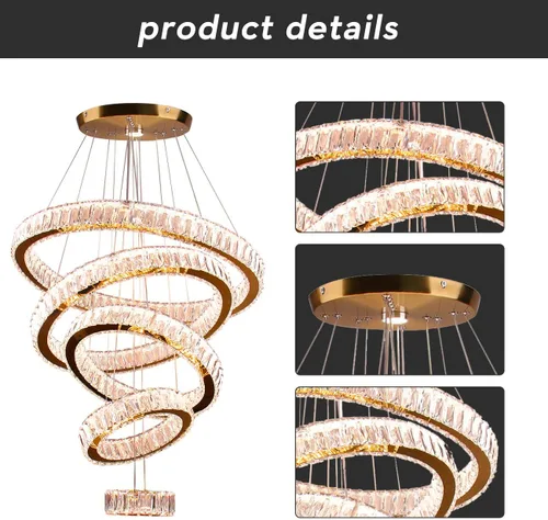 Miniatura 5 de Lámpara candelabro LED de cristal grande, moderna de 5 anillos, luz colgante ajustable para dormitorio, comedor, cocina (blanco cálido).