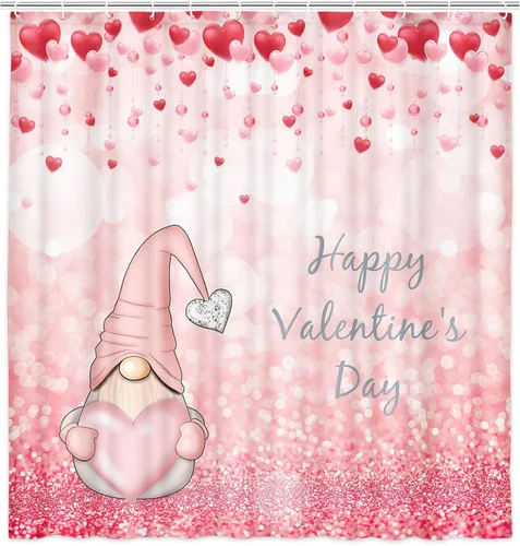 Miniatura 4 de NYMB Cortina de ducha de San Valentín con corazón rosa, romántica con purpurina y lindo gnomo en caída romántica de corazones rojos, cortina