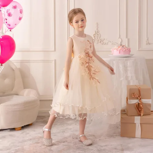Miniatura 3 de Vestido formal para niña de flores, vestido formal para fiesta de cumpleaños, boda, bordado floral, vestidos de satén de tul para niños de 2 a 12