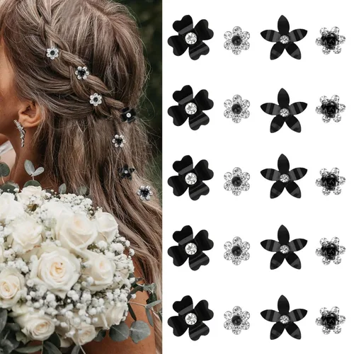 YISSION Mini pinzas para el cabello negras con flores surtidas para mujeres y niñas, 20 pasadores de pelo florales de cristal, accesorios elegantes
