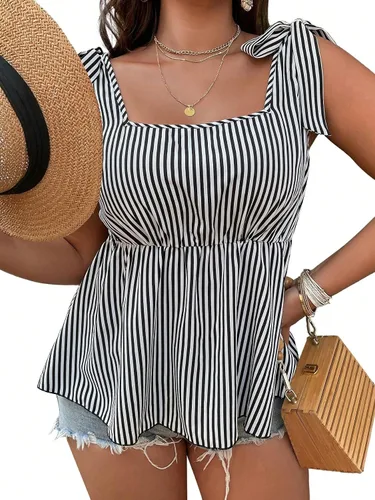 Miniatura 3 de WDIRARA Camiseta sin mangas para mujer, talla grande, con cuello cuadrado, dobladillo con volantes, estilo peplum