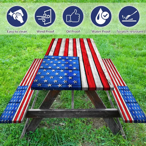 Miniatura 3 de Juego de fundas para mesa de picnic con bandera estadounidense con textura de madera, impermeable, resistente al viento, para campamento, manteles