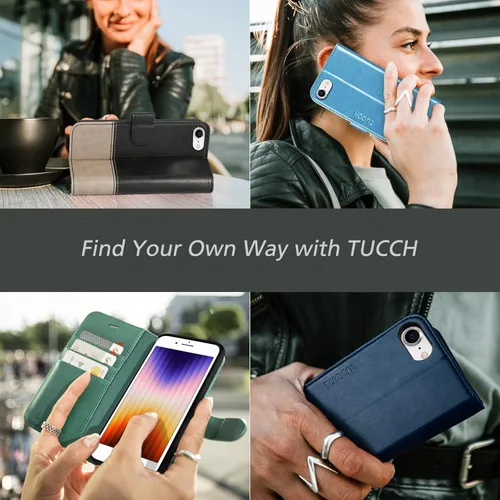 Miniatura 9 de TUCCH Funda tipo cartera para iPhone SE 2022/SE 2020/iPhone 8/7, tarjetero con función atril de piel sintética, magnética, funda protectora de Negro