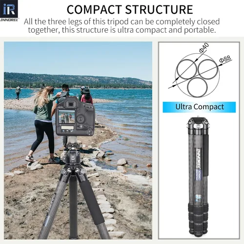 Miniatura 5 de INNOREL Trípode compacto de fibra de carbono de 10 capas KT404C Soporte de cámara profesional de tubo de 1.575 in resistente para videocámara