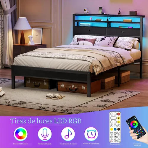 Miniatura 4 de Furnulem Base de cama tamaño completo con cabecero y 2 cajones de tela, cama de plataforma completa con luces LED, estación de carga integrada