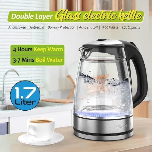 Miniatura 2 de NISVITU Hervidor eléctrico inalámbrico de vidrio y acero inoxidable para hervir agua, hervidor de agua caliente Hervidor eléctrico de té con apagado