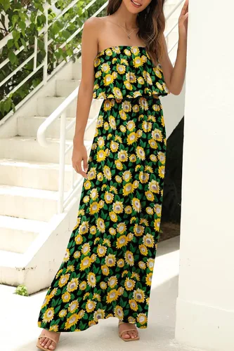 Miniatura 4 de ZMPSIISA - Vestido largo de verano con hombros descubiertos para mujer vestido largo sin tirantes con volantes color azul y blanco estilo bohemio